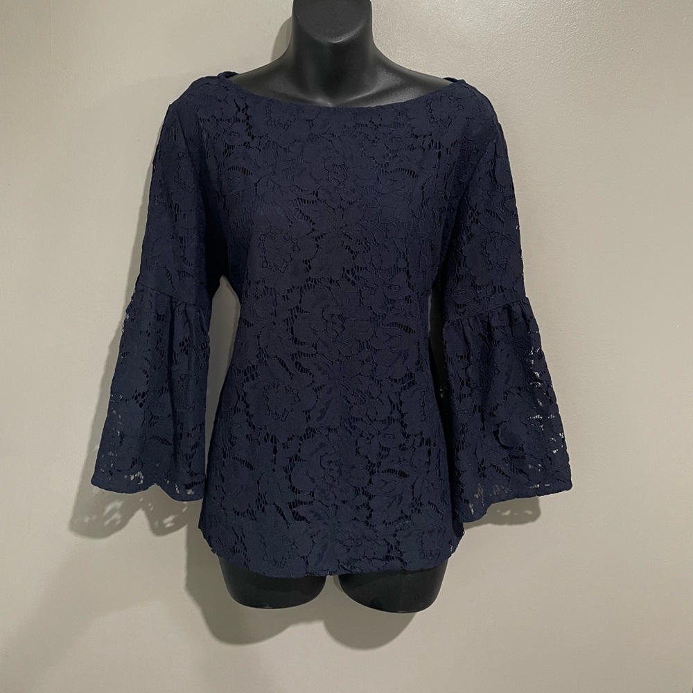 Ralph Lauren Eyelet Navy Blue Bell Sleeve Shirt